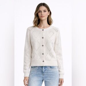 164. Queen of Hearts, heart buttons Open knit sweater, White, various sizes